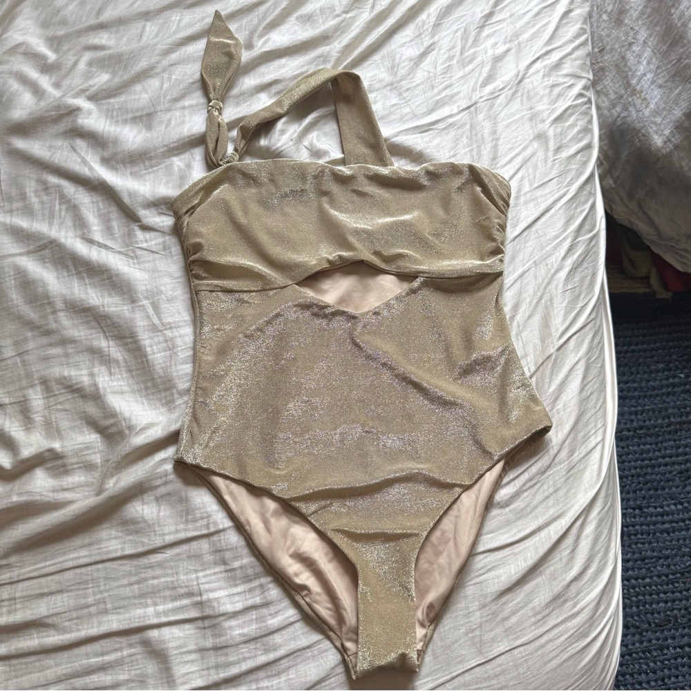 ONDADEMAR‎ gold metallic glitter asymmetrical one piece shoulder cutout swimsuit
